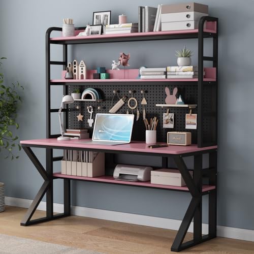 HanDpi Escritorio de computadora con estantes de Almacenamiento y Tablero Perforado, Escritorio de Madera Maciza, Mesa de Trabajo Grande para Estudio y Escritura, Escritorio Moderno para Oficina e