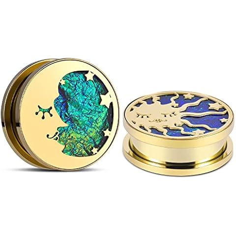 ERKUOO 2PCS Sun Moon Ear Gauges Screw Ear Tunnels Plugs Flesh Stretchers Piercing Earrings Hangers Expander 0g-1"(8mm-25mm), 3/4"=19mm, Metal, sandstone Cover