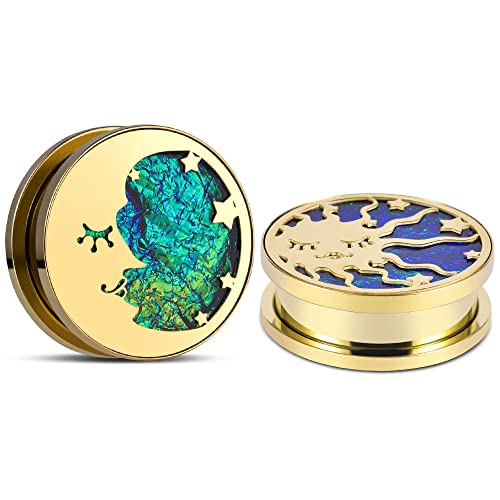 Erkuoo 2Pcs Sun Moon Ear Gauges Screw Ear Tunnels Plugs Flesh Stretchers Piercing Earrings Hangers Expander 0G(8Mm) #TOP9