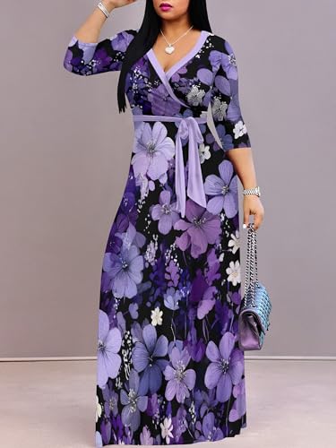 Image of Women Plus Size Long Sleeve V Neck Maxi Dress with Belt | Soft fabric relaxed fit three quarter sleeve v neck with pockets for party and daily wear