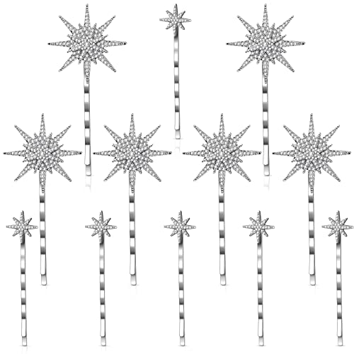 Chunyin 12 Pcs Star Hair Clips Vintage Rhinestone Star Hair Pin Metal Alloy Hair Barrettes for Women Crystal Bobby Pins Star Hair Accessories for Women Girls Wedding (Silver)
