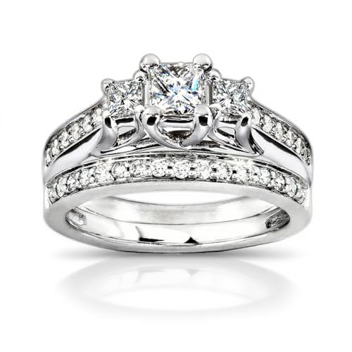 10K 14K 18K Gold 3 Stone Moissanite Bridal Rings Sets for Her, 2.6 CT. tw. Princess Cut Moissanite Engagement Ring Set for Women Wedding Ring Set for Engagement Anniversary Eternity Band2