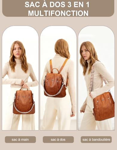BONFORTURE Sac a Dos Femme Antivol,Sac à Dos Femme Imperméable PU Cuir Brun – vue 2