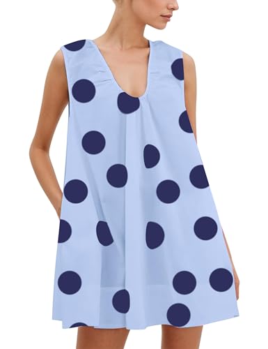 Image of OLAPTA Women Summer Sleeveless Babydoll Mini Tank Dresses Loose Fit Scoop Neck Ruched Short Dress with Pockets Party Clubwear