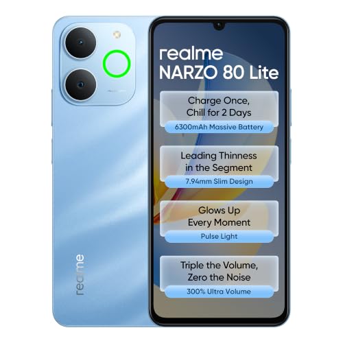 Image of realme narzo 80 Lite (See Blue,4GB+64GB) 2026 | 6300mAh Segment's Biggest Battery | 7.94mm Slim Design | 300% Ultra Volume | Pulse Light: 9 Colors, 5 Glow Modes | Ai Assist