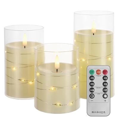 Flickering Flameless Candles with Embedded String Lights - Acrylic Battery Operated Candles with Remote/Timer, LED Pillar Candles for Valentines/Wedding Decor?Set of 3,White?