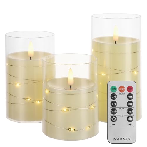 Image of White Flameless Candles with String Lights, Set of 3 | Acrylic Shell, Embedded Fairy Lights, Remote 2 /4 /6 /8H Timer, Battery Operated LED Pillar Candles