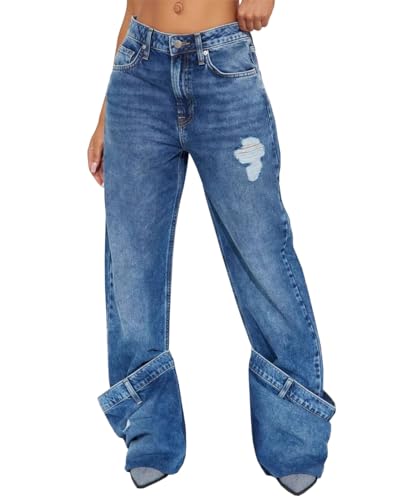 Women's Trendy Street Hip Hop Jeans High Waisted Straight Leg Denim Pants with Subtle Flare