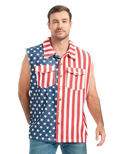 American Flag Denim Vest for Men, 4th of July Patriotic Vintage Sleeveless Jean Jacket, Independence Day USA Casual Shirt