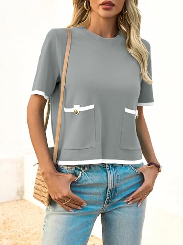 Image of Saodimallsu Women's Short Sleeve Color Block Crew Neck Sweater