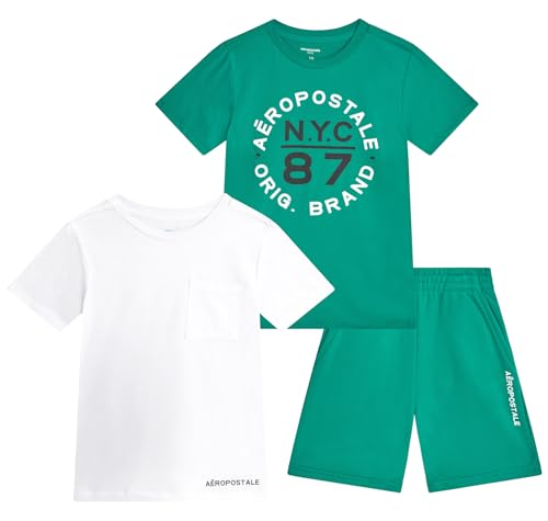 Image of AEROPOSTALE Boys Athletic Shorts Set - 3 Piece Performance Short Sleeve Graphic Boys T Shirts & Fleece Shorts (Size: 8-12)
