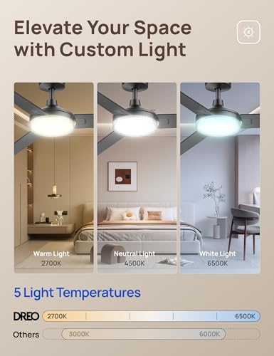 Image of DREO Bedroom Ceiling Fan with Lights, Quiet DC Motor, 22db,Quick-Install, Powerful Airflow, 6 Speeds with Remote, Reversible, 6-Level Dimmable, 5CCT, Black,52 inch Indoor /Outdoor