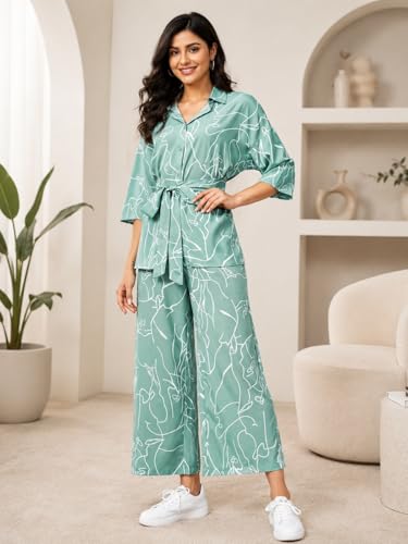 Image of Leriya Fashion Co Ord Set for Women Stylish | Western Dress for Women Casual Poly Cotton Cord Set | Printed Shirt Pant Set with Wide Leg Pants | Smart Casual Office & Travel Outfit