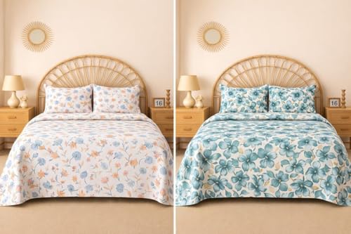 Image of HOMEKART 2 Bedsheet Combo Set with 4 Pillow Covers - Premium Cotton Glace Cotton Printed Double Bedsheets, 2 Elegant Colors, Soft Breathable Luxury Bedding Set - Soft Floral Harmony