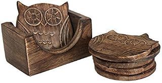 Store Indya - Set of 4 Wooden Coasters  Non-Slip  Coffee Tea Glass Mug Bar Drink Coaster with Holder Protects Furniture from Water Stains & Damages (Design 7)