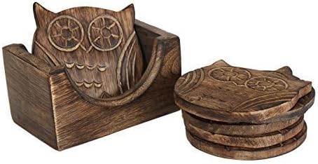 Store Indya - Set of 4 Wooden Coasters  Non-Slip  Coffee Tea Glass Mug Bar Drink Coaster with Holder Protects Furniture from Water Stains & Damages (Design 7)