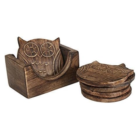 Store Indya - Set of 4 Wooden Coasters - Non-Slip - Coffee Tea Glass Mug Bar Drink Coaster with Holder Protects Furniture from Water Stains & Damages (Design 7) Cover