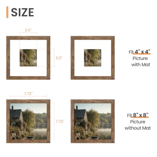Image of upsimples 8x8 Picture Frame, Display Pictures 4x4 with Mat or 8x8 Without Mat, Wall Hanging Photo Frame, Rustic brown, 1 Pack