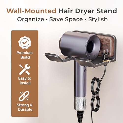 Image of HomeEssentials Wall Mounted Hair Dryer Holder & Stand - Space-Saving Hair Dryer Rack, Bathroom Suitable for All Hair Dryer Models, - Organizer for Home, Hotel, Salon