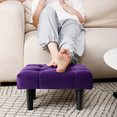 Image of HOUCHICS Small Footstool Ottoman, Velvet Wooden Foot Stool Ottoman with Wood Legs, Sofa Footrest Extra Seating for Living Room Entryway Office(Purple 2PACK)