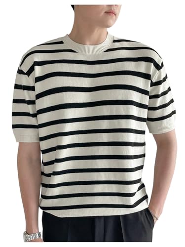 Men's Striped Short Sleeve Sweaters Half Sleeve Crew Neck Casual Knit Tops