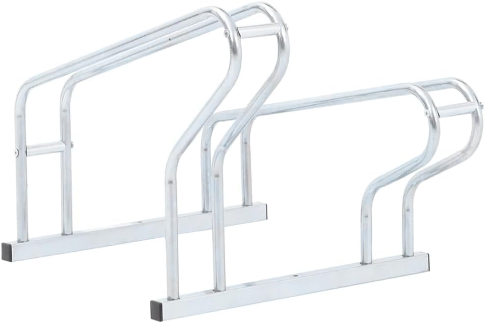 vidaXL Silver Galvanized Steel Bicycle Stand - Freestanding Bike Rack for 2, Space-Saving High-Low Design, Stable & Indoor/Outdoor Compatible, 4005573