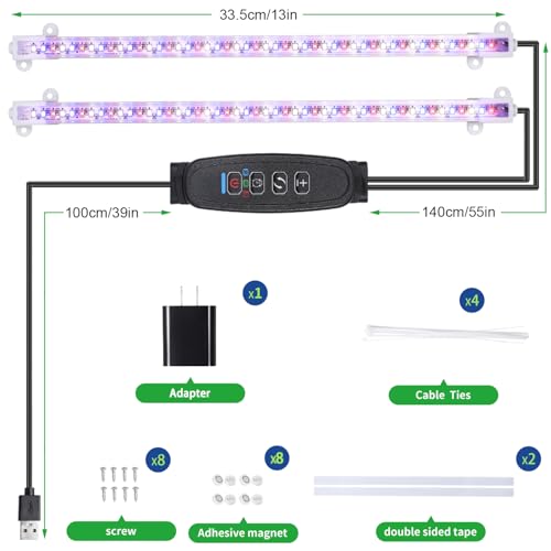 Image of RWNTAO Two Strip Growing Lamp for Indoor Plants, Red & Blue & Yellow Full Spectrum LED Grow Light Strips with Auto ON /Off 3 /9 /12H Timer,10 Dimmable Levels for Green House Succulent (2 Head 13 in)