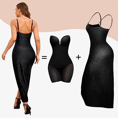 Slimers Women's Evening Party Shapewear Dresses Buit in Bra Layered Formal Spaghetti Strap Slips Dress2