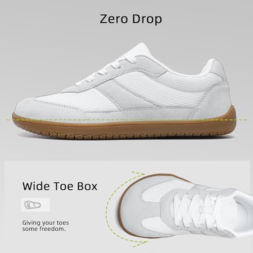 HSQ Womens Barefoot Shoes Fashion Lightweight Wide Toe Minimalist Zero Drop Sneakers Breathable Casual Walking Running Gym Shoes White Grey 10.53