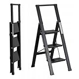 Brigros - Scala Piatta per uso domestico, Scalita la rivoluzione delle scale, in alluminio, Super Leggera, Ultra piatta, Facile da conservare e traportare, non occupa spazio (Nero - 3 Gradini)