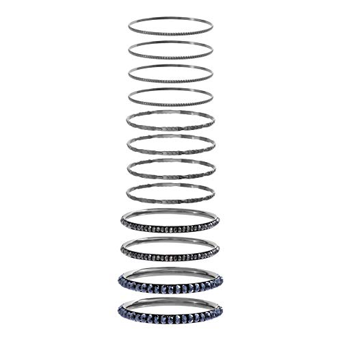 Steve Madden Silver and Gunmetal Tone Beaded Bangle Bracelet Set For Women, Blue (SMB488499HMBL), One Size