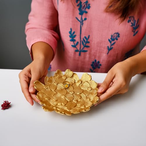 Image of MARKET 99 Golden Embossed Platter | Glossy Aluminium Decorative Dish for Tabletop, Gifting & Festival Display | Designer Tray for Home Decor, Weddings & Celebrations