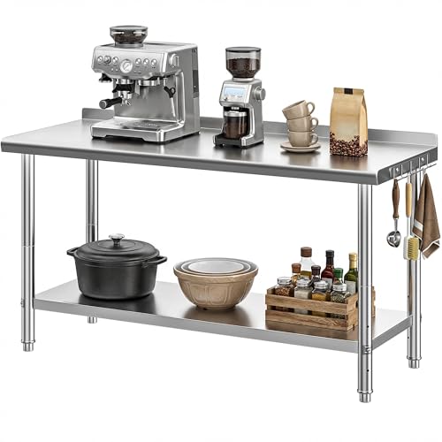 Image of DWVO 60x24in Stainless Steel Table with Backsplash | NSF Metal Prep Worktable for Kitchen Restaurant Hotel Garage Warehouse Home Commercial