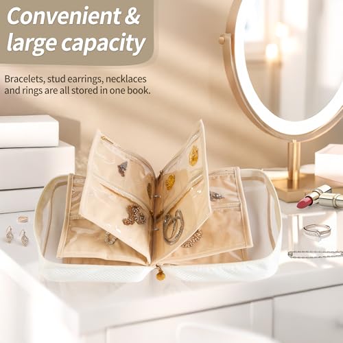Travel Jewelry Organizer Case with Multiple Clear Zipper Pockets - Ring Binder Style Storage Bag for Necklaces, Earrings, Rings, Bracelets, Ideal for Gifts & Travel(beige)2