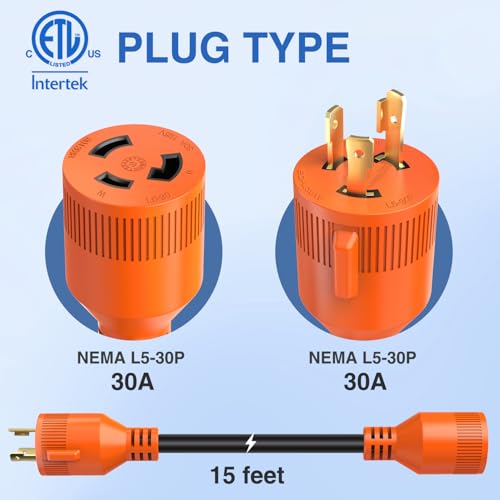 Image of Nilight 30 Amp 15FT Generator Extension Cord 3 Prong RV Power Cords with Twist Lock Waterproof NEMA L5-30P L5-30R Cable Heavy Duty 10AWG ETL Listed for RV Marine Boat Generators Outdoor Use