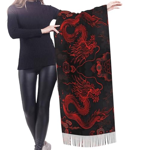 Red Dragon On Black Pashmina Shawls Scarf Wraps for Women, Fall Winter Large Blanket Scarf Fashion Scarves4