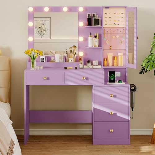 Image of Xixini Vanity Desk with Mirror and Lights, Makeup Vanity Table Set with 5 Storage Drawers, Power Outlet, Small Dressing Table with RGB Ambient Light, Adjustable Brightness for Girls Bedroom, Purple