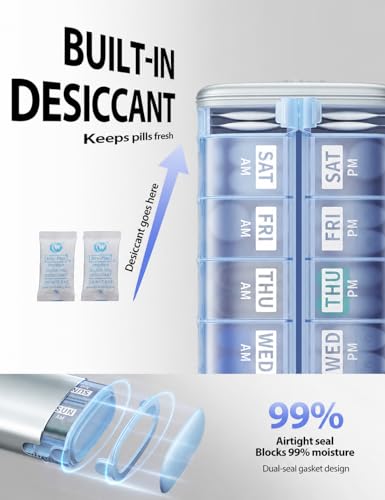 Image of Vaydeer Metal 7 Day Pill Organizer 2 Times a Day - AM PM Weekly Travel Pill Case with Moisture-Proof Desiccant, Airtight Large Capacity Pill Box for Vitamins, Medications & Supplements (Blue)