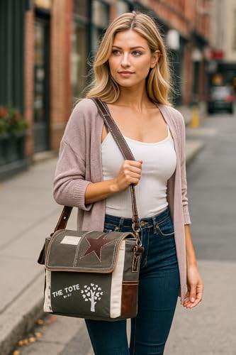 Image of Vintage Canvas Leather Messenger Bag for Men & Women, Crossbody, Shoulder Bag, Satchel 11 inch with Star Flap Small Travel Use