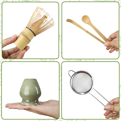 Matcha Schneebesen Set, 5 Stück mit Bambus Matcha Schneebesen, Keramik Chasen Halter, Pulver Starter Sieb, Bambus Schaufel, Löffel, Matcha Tee Herstellung Werkzeuge für Starter Matcha Liebhaber