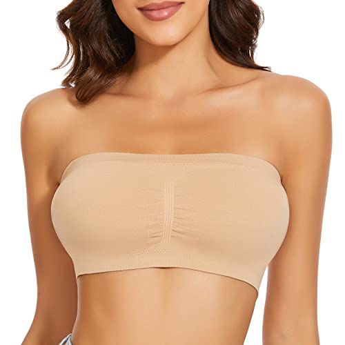 Image of Strapless Bra for Women Bandeau Bra Wireless Seamless Padded Tube Top Non-Slip Bandeau Top with Hook and Eye Closure