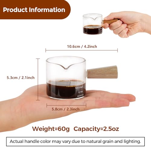 Image of YARRAMATE 2.5 oz /75ML Espresso Shots Cup with Wooden Handle, Clear Glass Demitasse Cup with Dual Scale Markings for Coffee Extraction (1 Pack, Single Spout) | Borosilicate Glass, Precision Pouring, Heat Insulated Grip, Dual-Scale Accuracy, Easy to Rinse Clean