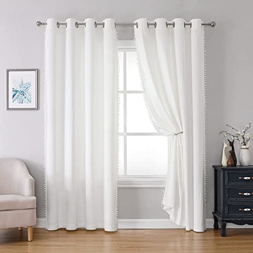 Miss Selectex White Velvet Curtains For Living Room - Pom Pom Tasseled Room Darkening Drapes 84 Inch Length Light Blocking Soft Luxury Grommet Privacy Window Curtain Panels For Bedroom, 52X84,White #TOP1