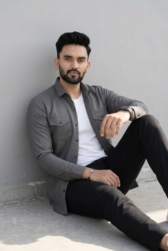 Image of DEELMO Men Solid Slim Fit Casual Overshirt Style Shirt | Full Sleeve Button-Down Layering Shirt Smart Casual Look