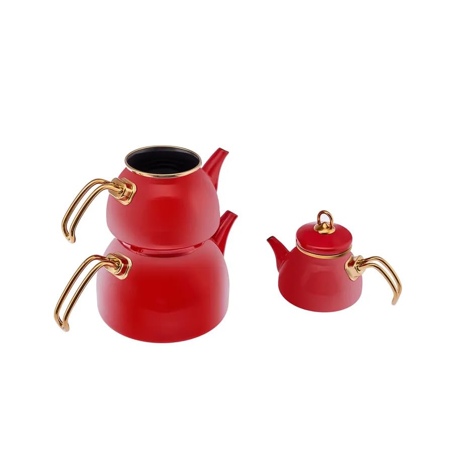 Karaca Retrò Emaye Set di 3 teiere smaltate di alta qualità per bevande eleganti e feste di tè nostalgiche – Capacità 0,50 l, 1,1 l e 2,3 l