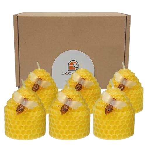 Beeswax Candles Set of 6pcs Bee Candles with Little Bee Ornament Decors Unscented & Dripless& Smokeless Dia 1.77 x1.97 Each Yellow