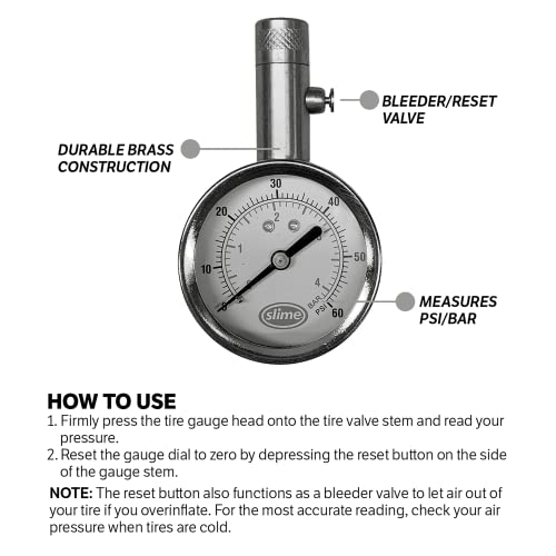 Image of Slime 20459 Tire Pressure Gauge, Dial, Analogue, Brass Tire Gauge (5-60 psi)