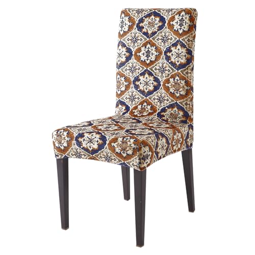 Image of HOKIPO Premium Printed Velvet Dining Chair Cover Set of 1, Indigo Moroccan Charm (AR-5794-D7)