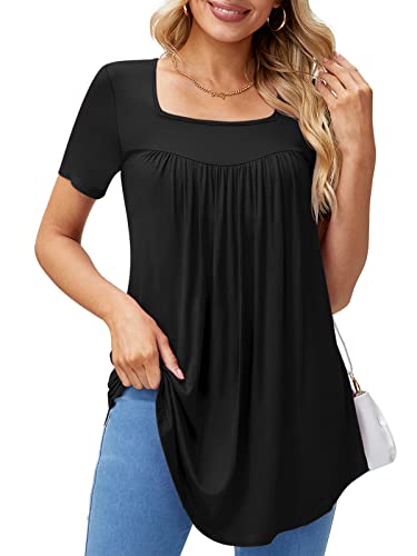 Xpenyo Elegant Square Neck Tunic Tops For Women Short Sleeve Tshirts And Blouses Black L #TOP25