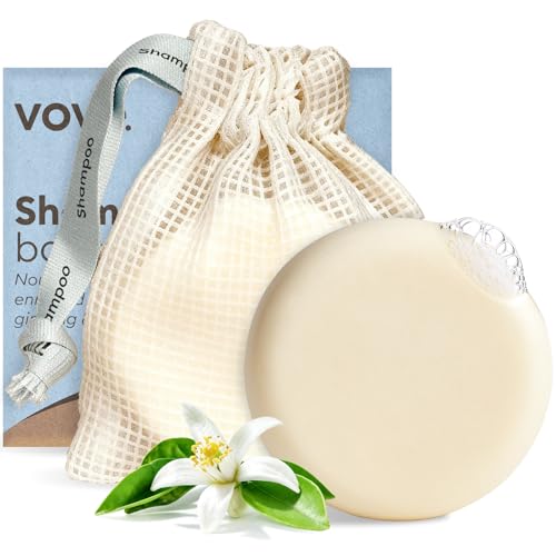 Vove festes Shampoo-Set mit Seifensäckchen, Vanille & Zedernholz, 2 Stück + Aufbewahrungsbeutel, stärkend mit Reisprotein, Ginseng & Squalan, ätherische Öle, FSC-zertifizierte Verpackung